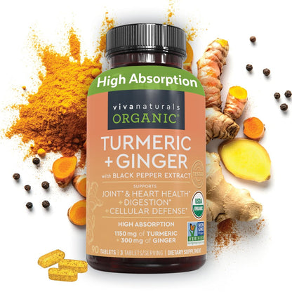 Viva Naturals Kurkuma & Ingwer Kapseln mit Schwarzem Pfeffer für bessere Absorption – Bio Kurkuma Curcumin für Gelenk-, Herz- und Verdauungsgesundheit, Non-GMO – 120 Tabletten