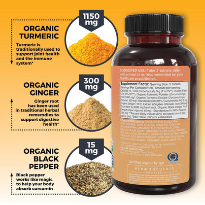 Viva Naturals Kurkuma & Ingwer Kapseln mit Schwarzem Pfeffer für bessere Absorption – Bio Kurkuma Curcumin für Gelenk-, Herz- und Verdauungsgesundheit, Non-GMO – 120 Tabletten