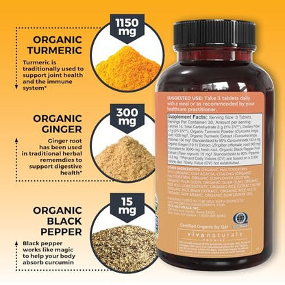 Viva Naturals Kurkuma & Ingwer Kapseln mit Schwarzem Pfeffer für bessere Absorption – Bio Kurkuma Curcumin für Gelenk-, Herz- und Verdauungsgesundheit, Non-GMO – 120 Tabletten