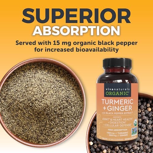 Viva Naturals Kurkuma & Ingwer Kapseln mit Schwarzem Pfeffer für bessere Absorption – Bio Kurkuma Curcumin für Gelenk-, Herz- und Verdauungsgesundheit, Non-GMO – 120 Tabletten