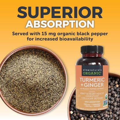 Viva Naturals Kurkuma & Ingwer Kapseln mit Schwarzem Pfeffer für bessere Absorption – Bio Kurkuma Curcumin für Gelenk-, Herz- und Verdauungsgesundheit, Non-GMO – 120 Tabletten