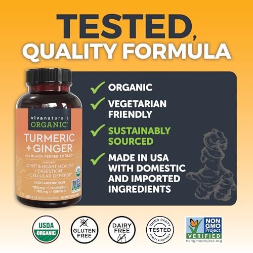 Viva Naturals Kurkuma & Ingwer Kapseln mit Schwarzem Pfeffer für bessere Absorption – Bio Kurkuma Curcumin für Gelenk-, Herz- und Verdauungsgesundheit, Non-GMO – 120 Tabletten