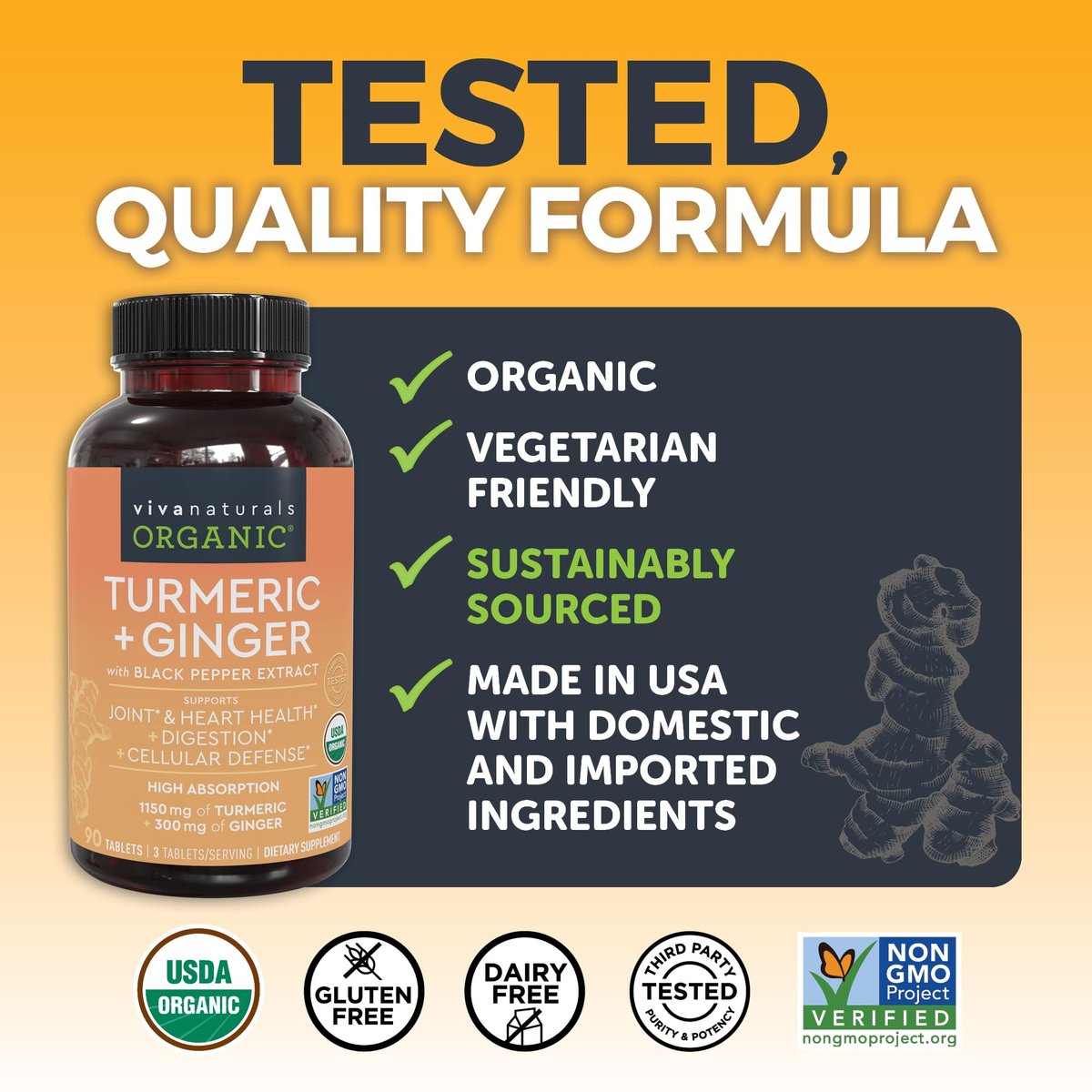 Viva Naturals Kurkuma & Ingwer Kapseln mit Schwarzem Pfeffer für bessere Absorption – Bio Kurkuma Curcumin für Gelenk-, Herz- und Verdauungsgesundheit, Non-GMO – 120 Tabletten