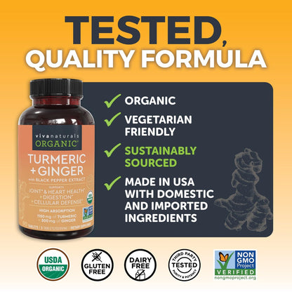 Viva Naturals Kurkuma & Ingwer Kapseln mit Schwarzem Pfeffer für bessere Absorption – Bio Kurkuma Curcumin für Gelenk-, Herz- und Verdauungsgesundheit, Non-GMO – 120 Tabletten