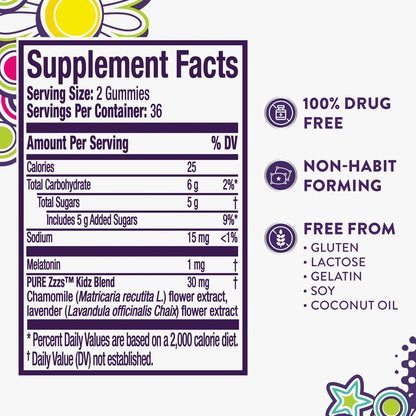 Pure Zzzs Kidz Melatonin Gummis für Kinder – Schlafhilfe mit niedrigem Melatonin, Kamille und Lavendel, 1 mg, Beeren-Geschmack, 72 Stück