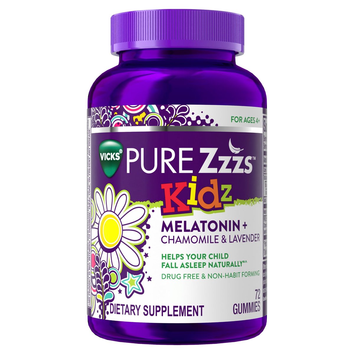 Pure Zzzs Kidz Melatonin Gummis für Kinder – Schlafhilfe mit niedrigem Melatonin, Kamille und Lavendel, 1 mg, Beeren-Geschmack, 72 Stück