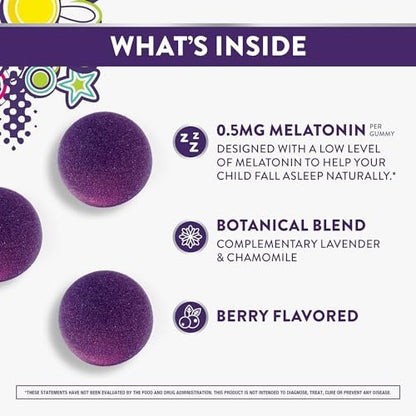 Pure Zzzs Kidz Melatonin Gummis für Kinder – Schlafhilfe mit niedrigem Melatonin, Kamille und Lavendel, 1 mg, Beeren-Geschmack, 72 Stück