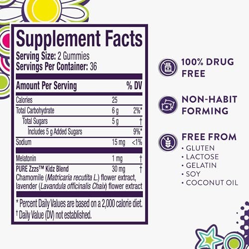 Pure Zzzs Kidz Melatonin Gummis für Kinder – Schlafhilfe mit niedrigem Melatonin, Kamille und Lavendel, 1 mg, Beeren-Geschmack, 72 Stück