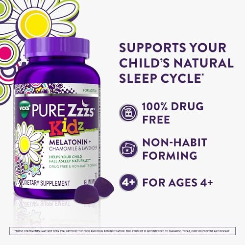 Pure Zzzs Kidz Melatonin Gummis für Kinder – Schlafhilfe mit niedrigem Melatonin, Kamille und Lavendel, 1 mg, Beeren-Geschmack, 72 Stück