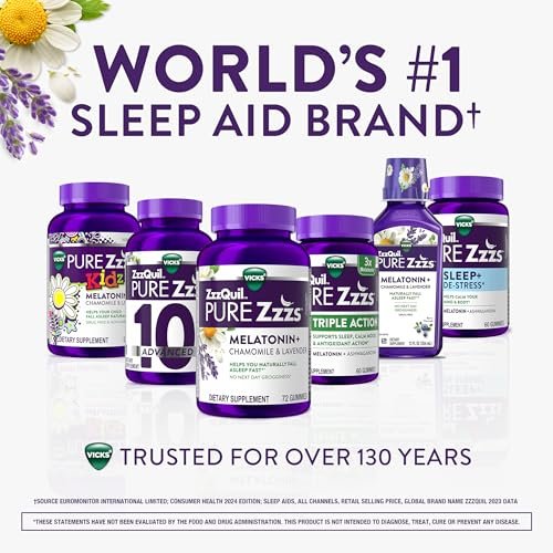ZzzQuil Pure Zzzs Melatonin Gummies, Einschlafhilfe mit 2mg Melatonin, Kamille und Lavendel, Wildbeere-Vanille-Geschmack, 72 Stück