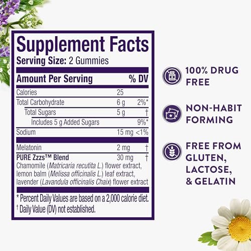 ZzzQuil Pure Zzzs Melatonin Gummies, Einschlafhilfe mit 2mg Melatonin, Kamille und Lavendel, Wildbeere-Vanille-Geschmack, 72 Stück