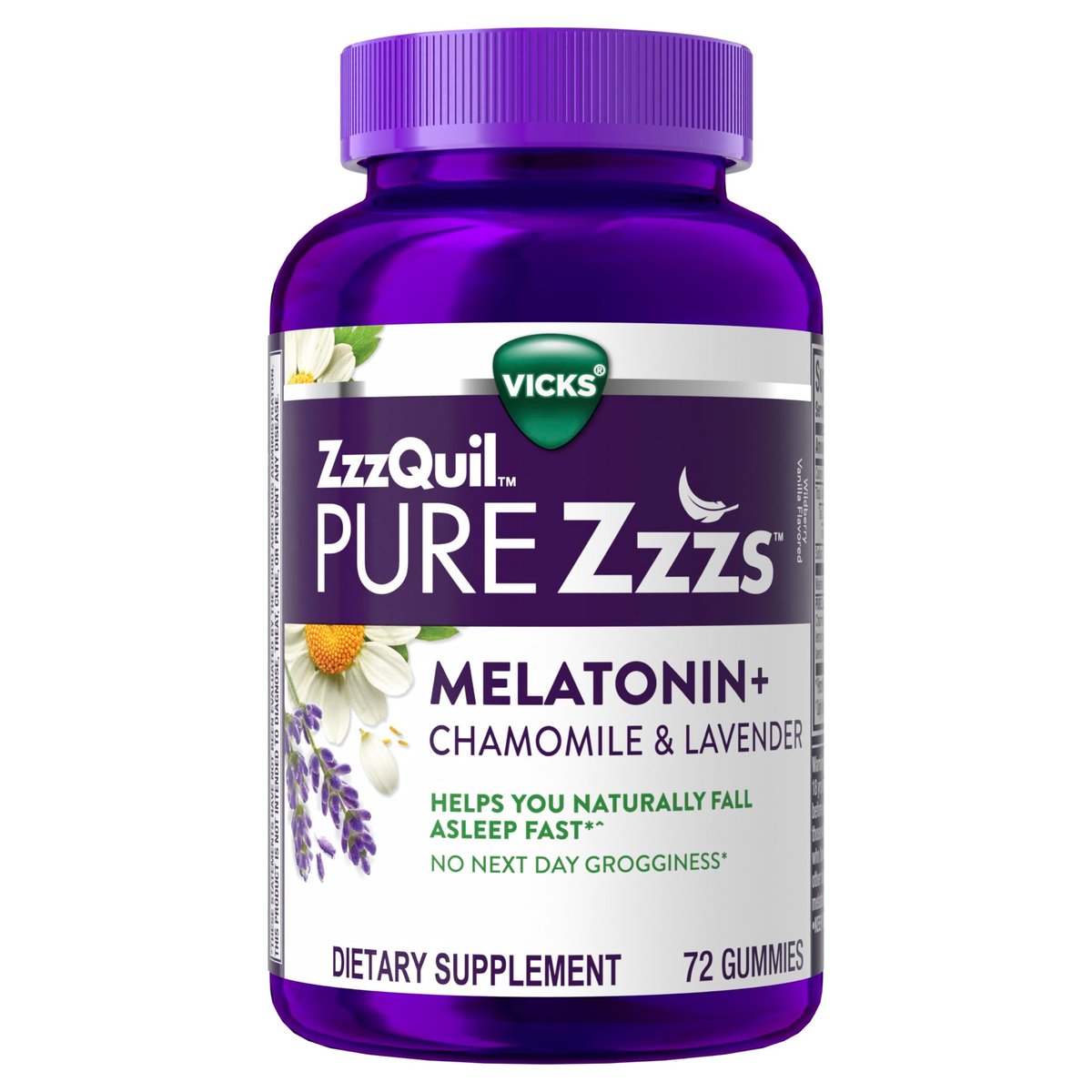 ZzzQuil Pure Zzzs Melatonin Gummies, Einschlafhilfe mit 2mg Melatonin, Kamille und Lavendel, Wildbeere-Vanille-Geschmack, 72 Stück