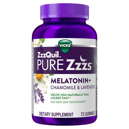 ZzzQuil Pure Zzzs Melatonin Gummies, Einschlafhilfe mit 2mg Melatonin, Kamille und Lavendel, Wildbeere-Vanille-Geschmack, 72 Stück