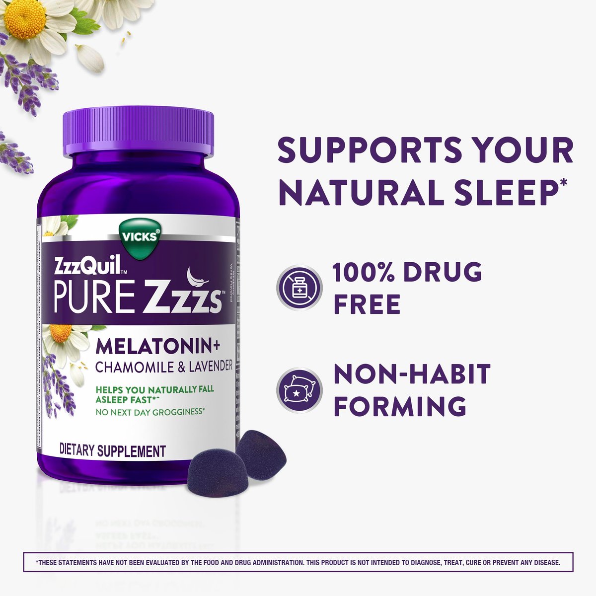 ZzzQuil Pure Zzzs Melatonin Gummies, Einschlafhilfe mit 2mg Melatonin, Kamille und Lavendel, Wildbeere-Vanille-Geschmack, 72 Stück