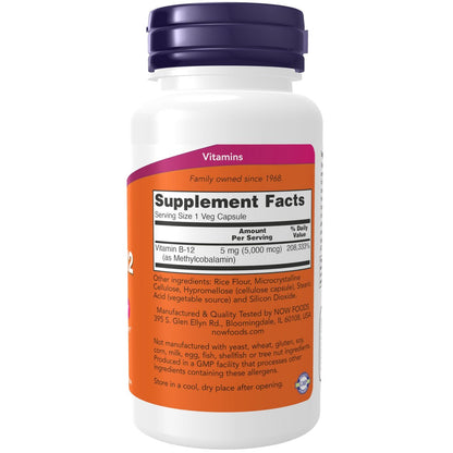 NOW Foods Methyl B-12 5000 mcg – 90 vegane Kapseln, hochdosiertes Vitamin B12 als Methylcobalamin