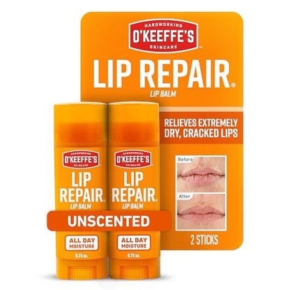O'Keeffe's Lip Repair Unscented Lippenbalsam für trockene, rissige Lippen - Stick (Doppelpack) - Feuchtigkeitsspender für sehr trockene Lippen