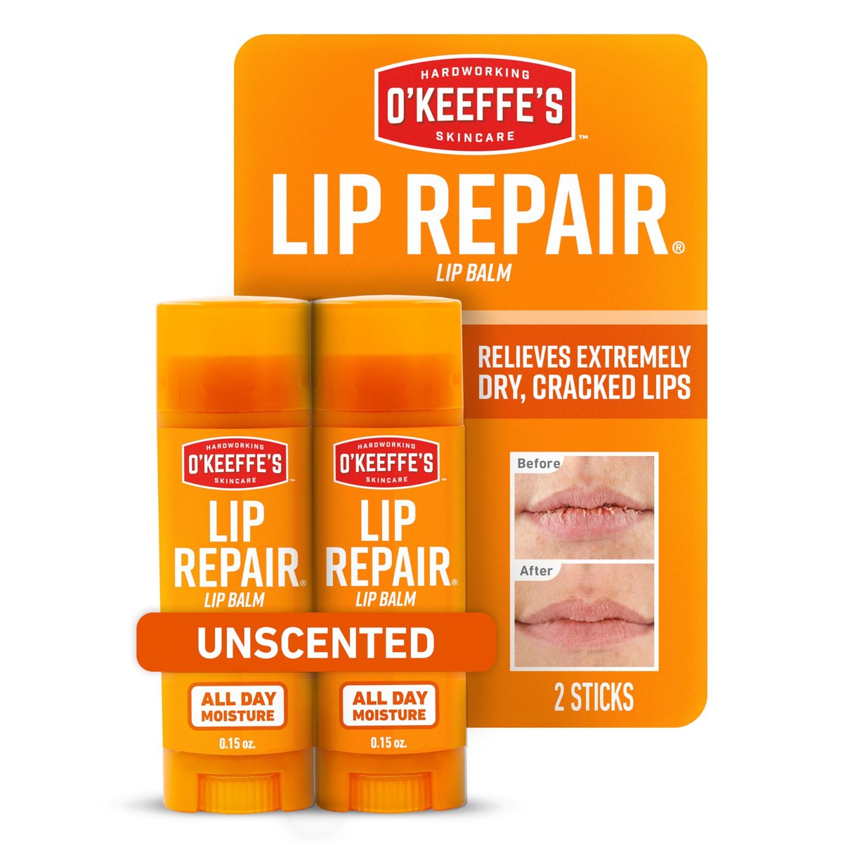 O'Keeffe's Lip Repair Unscented Lippenbalsam für trockene, rissige Lippen - Stick (Doppelpack) - Feuchtigkeitsspender für sehr trockene Lippen