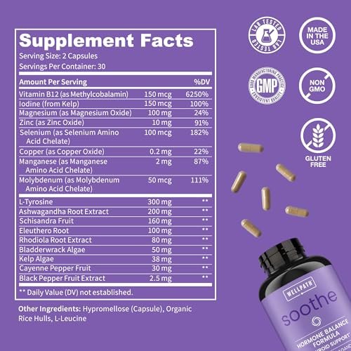 WellPath Soothe Hormonbalance für Frauen - Schilddrüsenunterstützung - Ashwagandha, Rhodiola, Jod, Selen & L-Tyrosin - Stimmungs- & Nebennierenunterstützung - Non-GMO, glutenfrei, 60 Kapseln