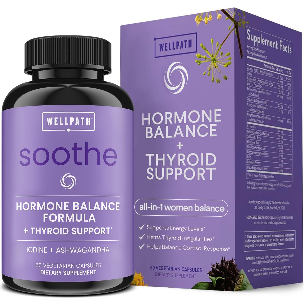 WellPath Soothe Hormonbalance für Frauen - Schilddrüsenunterstützung - Ashwagandha, Rhodiola, Jod, Selen & L-Tyrosin - Stimmungs- & Nebennierenunterstützung - Non-GMO, glutenfrei, 60 Kapseln