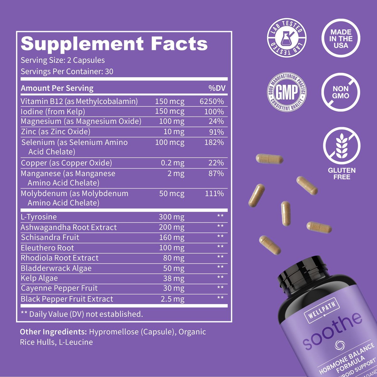WellPath Soothe Hormonbalance für Frauen - Schilddrüsenunterstützung - Ashwagandha, Rhodiola, Jod, Selen & L-Tyrosin - Stimmungs- & Nebennierenunterstützung - Non-GMO, glutenfrei, 60 Kapseln