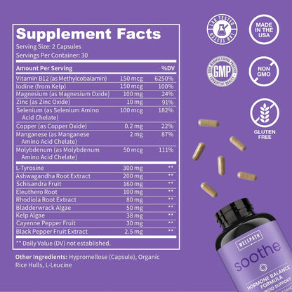 WellPath Soothe Hormonbalance für Frauen - Schilddrüsenunterstützung - Ashwagandha, Rhodiola, Jod, Selen & L-Tyrosin - Stimmungs- & Nebennierenunterstützung - Non-GMO, glutenfrei, 60 Kapseln