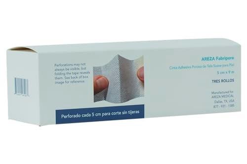 Areza Medical Chirurgisches Tape – Atmungsaktives, poröses Hautklebeband aus weichem Stoff – Fabripore – 2" x 10 yds (5 cm x 9 m) – 3 Rollen pro Packung