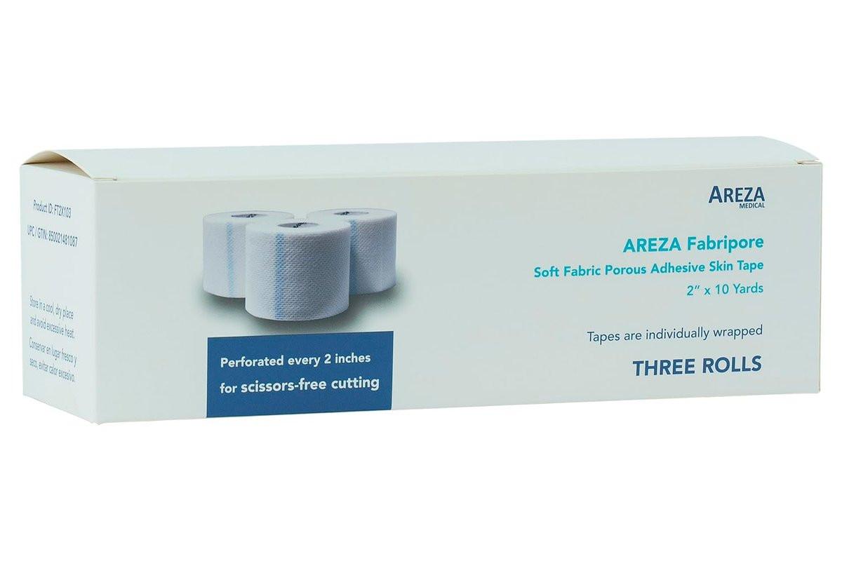Areza Medical Chirurgisches Tape – Atmungsaktives, poröses Hautklebeband aus weichem Stoff – Fabripore – 2" x 10 yds (5 cm x 9 m) – 3 Rollen pro Packung