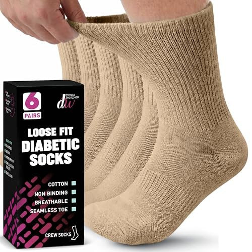 Debra Weitzner Diabetikersocken für Damen und Herren, lockere Passform, nicht einschränkend, Baumwoll-Crew-Socken, 6 Paar