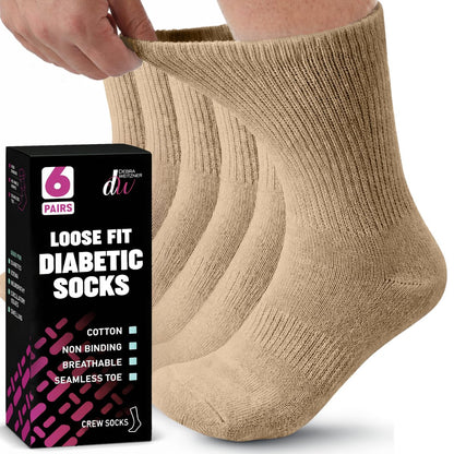 Debra Weitzner Diabetikersocken für Damen und Herren, lockere Passform, nicht einschränkend, Baumwoll-Crew-Socken, 6 Paar