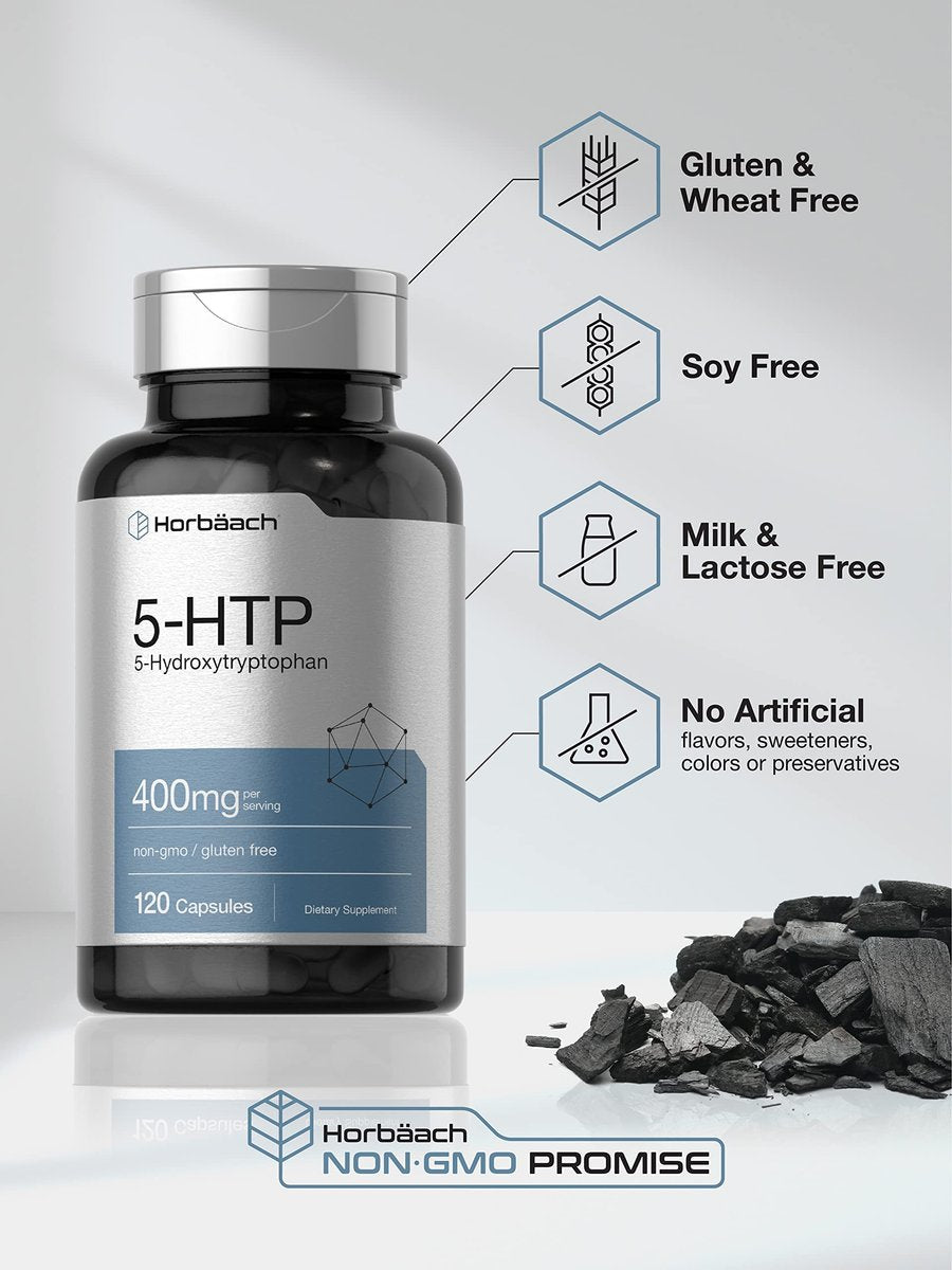 Horbäach 5-HTP 400 mg Kapseln | 120 Stück | Extra starkes Nahrungsergänzungsmittel | Non-GMO, Glutenfrei | 5-Hydroxytryptophan
