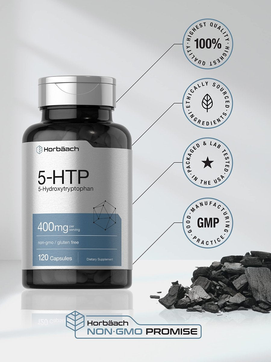 Horbäach 5-HTP 400 mg Kapseln | 120 Stück | Extra starkes Nahrungsergänzungsmittel | Non-GMO, Glutenfrei | 5-Hydroxytryptophan