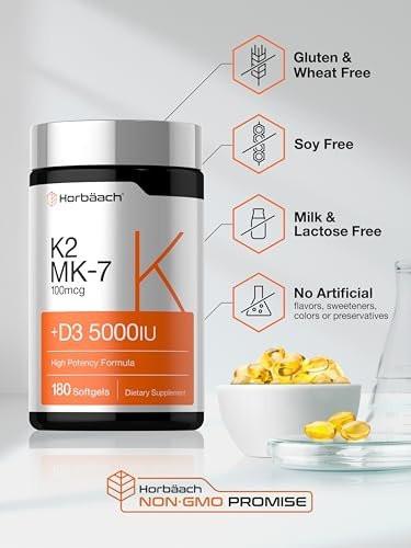 Horbäach Vitamin D3 K2 5000 IE | 100 µg MK-7 Komplex | 180 Weichkapseln | Non-GMO & Glutenfrei