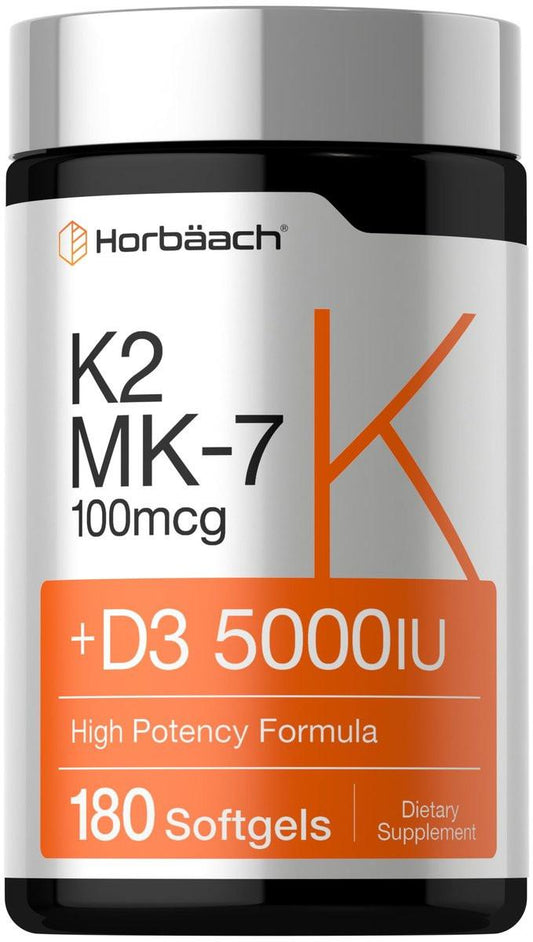 Horbäach Vitamin D3 K2 5000 IE | 100 µg MK-7 Komplex | 180 Weichkapseln | Non-GMO & Glutenfrei