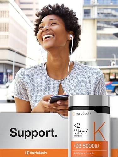 Horbäach Vitamin D3 K2 5000 IE | 100 µg MK-7 Komplex | 180 Weichkapseln | Non-GMO & Glutenfrei