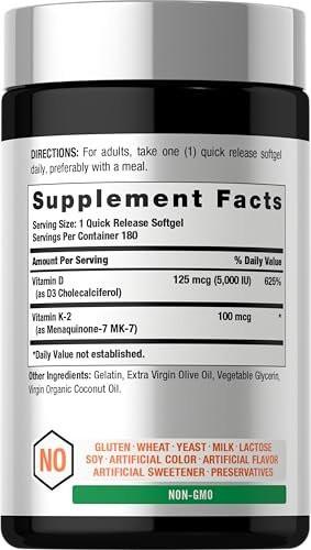 Horbäach Vitamin D3 K2 5000 IE | 100 µg MK-7 Komplex | 180 Weichkapseln | Non-GMO & Glutenfrei
