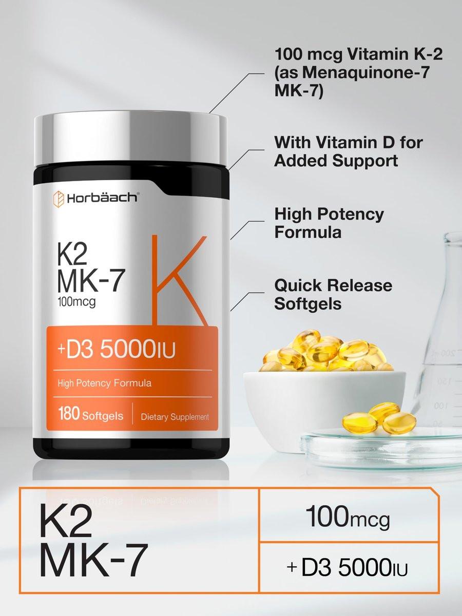 Horbäach Vitamin D3 K2 5000 IE | 100 µg MK-7 Komplex | 180 Weichkapseln | Non-GMO & Glutenfrei