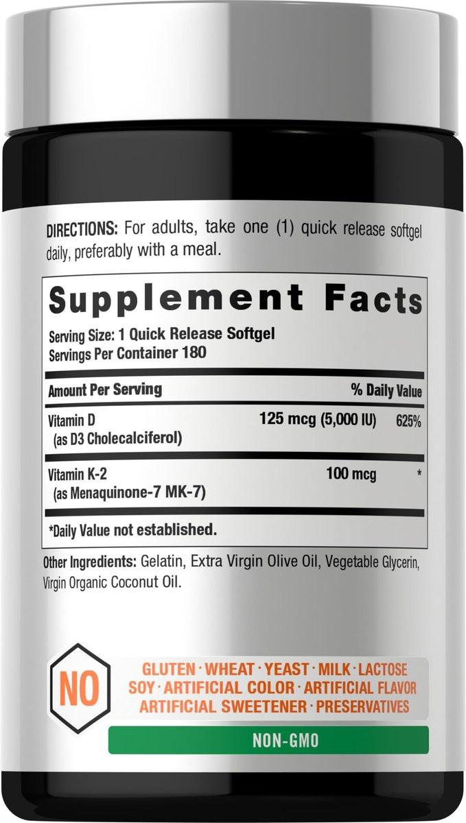 Horbäach Vitamin D3 K2 5000 IE | 100 µg MK-7 Komplex | 180 Weichkapseln | Non-GMO & Glutenfrei