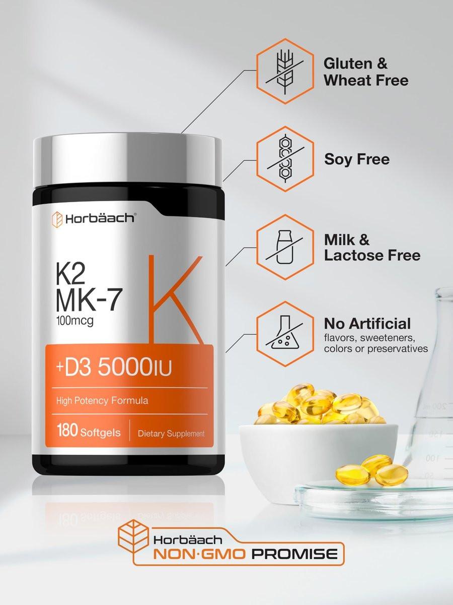 Horbäach Vitamin D3 K2 5000 IE | 100 µg MK-7 Komplex | 180 Weichkapseln | Non-GMO & Glutenfrei