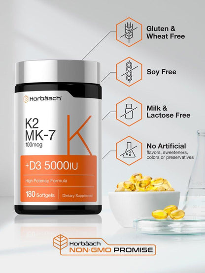 Horbäach Vitamin D3 K2 5000 IE | 100 µg MK-7 Komplex | 180 Weichkapseln | Non-GMO & Glutenfrei