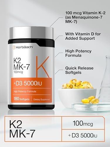 Horbäach Vitamin D3 K2 5000 IE | 100 µg MK-7 Komplex | 180 Weichkapseln | Non-GMO & Glutenfrei