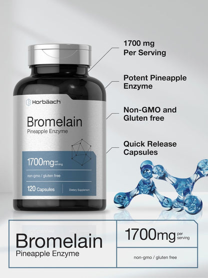 Horbäach Bromelain 1700 mg | 120 Kapseln | Unterstützt die Verdauungsgesundheit | Ananasenzympräparat | Nicht-GVO, glutenfrei