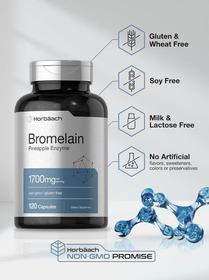 Horbäach Bromelain 1700 mg | 120 Kapseln | Unterstützt die Verdauungsgesundheit | Ananasenzympräparat | Nicht-GVO, glutenfrei