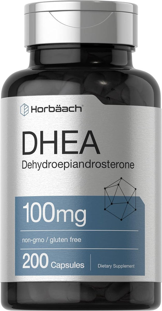 Horbäach DHEA 100mg | 200 Kapseln | Nahrungsergänzungsmittel für Männer und Frauen | Non-GVO, Glutenfrei