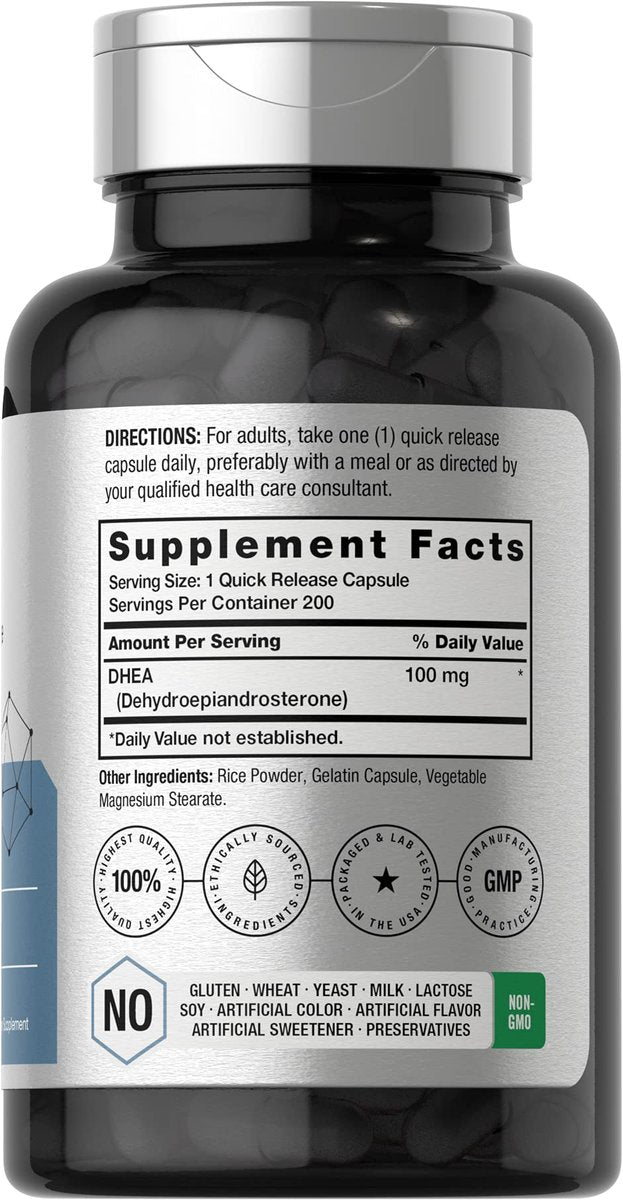 Horbäach DHEA 100mg | 200 Kapseln | Nahrungsergänzungsmittel für Männer und Frauen | Non-GVO, Glutenfrei