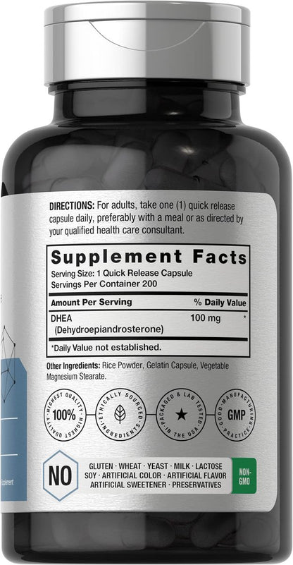 Horbäach DHEA 100mg | 200 Kapseln | Nahrungsergänzungsmittel für Männer und Frauen | Non-GVO, Glutenfrei