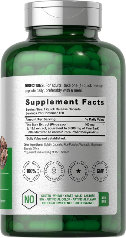 Horbäach Kiefernrindenextrakt | 180 Kapseln | Standardisiert auf 75 % Proanthocyanidine | Nicht-GVO, glutenfrei | Hochdosiert