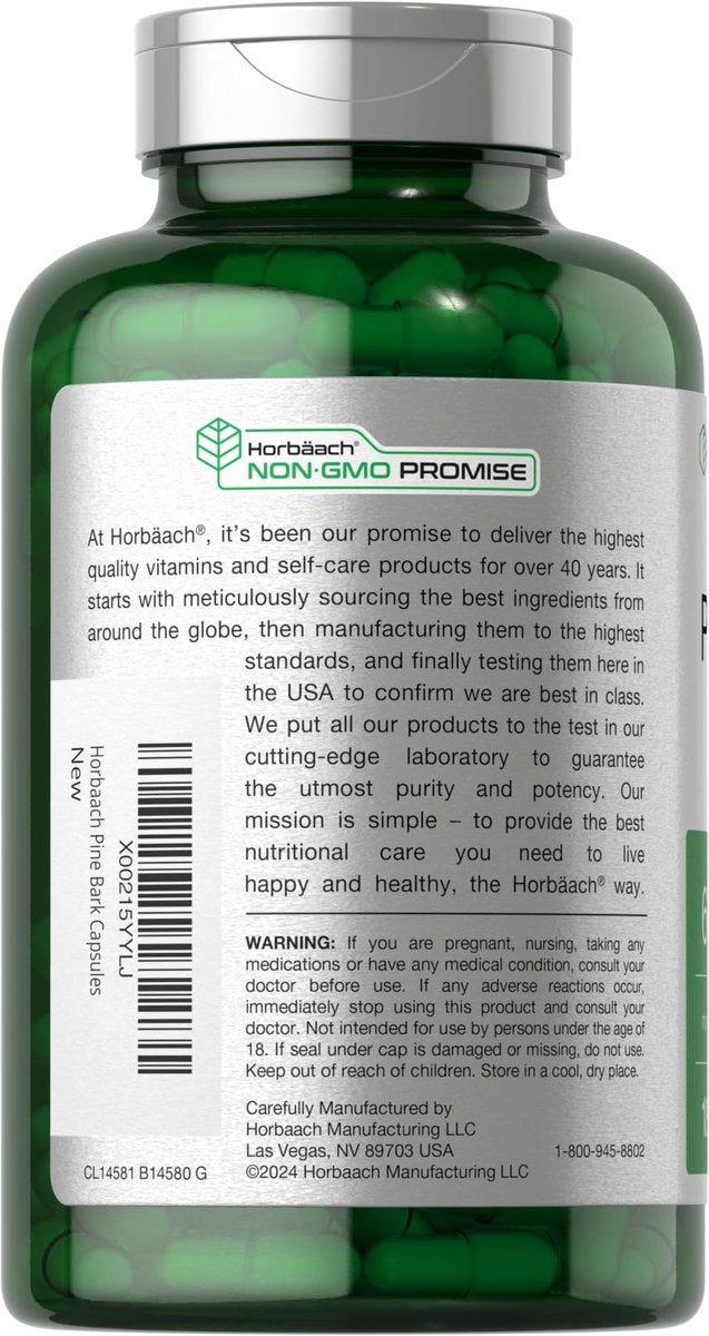 Horbäach Kiefernrindenextrakt | 180 Kapseln | Standardisiert auf 75 % Proanthocyanidine | Nicht-GVO, glutenfrei | Hochdosiert