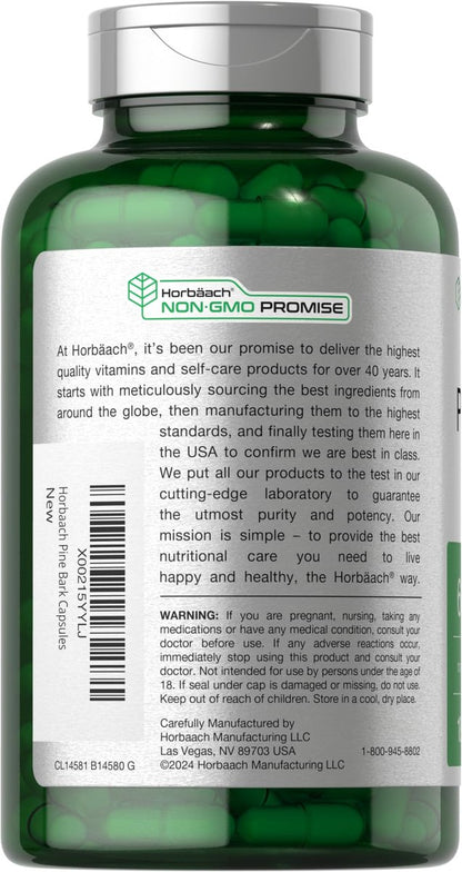 Horbäach Kiefernrindenextrakt | 180 Kapseln | Standardisiert auf 75 % Proanthocyanidine | Nicht-GVO, glutenfrei | Hochdosiert