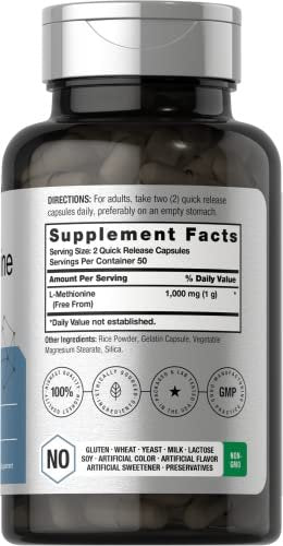 Horbäach L-Methionin 1000mg – 100 Kapseln | Nicht-GVO, Glutenfrei | Freiform-Aminosäure