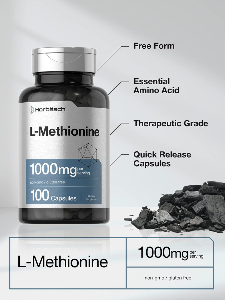 Horbäach L-Methionin 1000mg – 100 Kapseln | Nicht-GVO, Glutenfrei | Freiform-Aminosäure